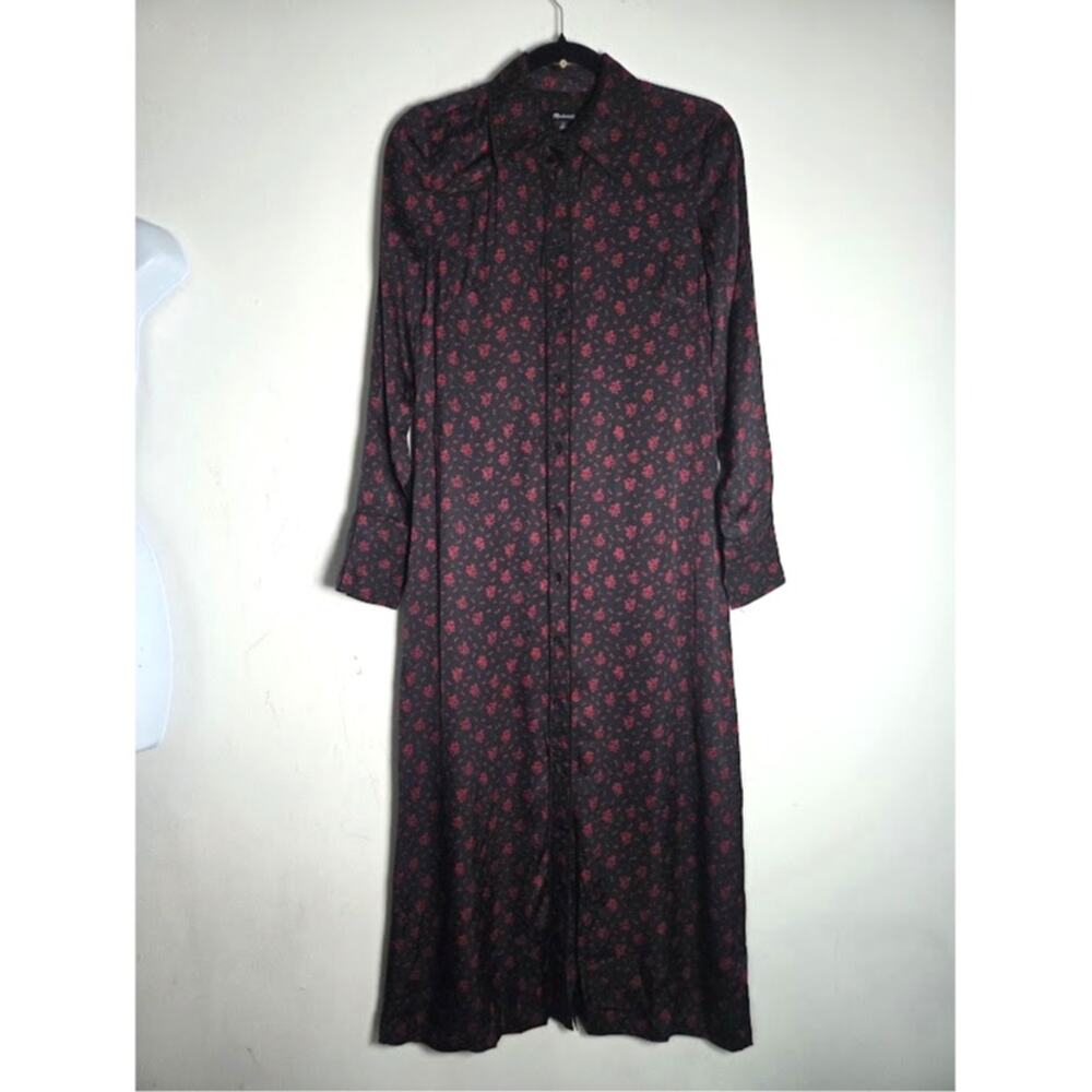 Madewell Black w/Dark Red Floral Satin Button Front 90s Astetic Midi Dress sz 0